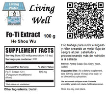 Load image into Gallery viewer, Try Livingwell Fo-TI Extract Powder He Shou Wu because fo-ti is considered an energy tonic. TCM practitioners believe it can help restore the color of graying hair, combat premature aging, and offset erectile dysfunction. It’s also used to treat:  headaches muscle soreness high blood pressure tuberculosis diabetes cancer infertility