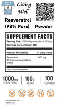 Load image into Gallery viewer, Like other antioxidants, resveratrol contains various protective qualities that may help your body carry on a number of daily processes and fight off illness. There’ve been numerous studies documenting a wide array of antioxidants’ potential benefits that include anti-aging effects, anti-cancer effects and more. Try Livingwell Resveratrol (98% Pure) Powder.
