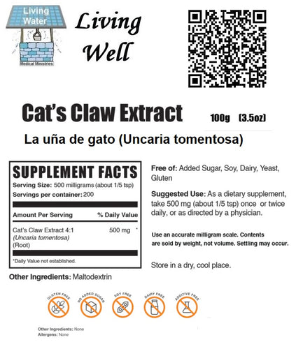 Try Livingwell Cat's Claw Extract. Add our extract to your yogurt. Test tube studies indicate that cat's claw may stimulate the immune system, help relax the smooth muscles (such as the intestines), dilate blood vessels (helping lower blood pressure), and act as a diuretic (helping the body eliminate excess water). Some studies suggest it may work as an anti ageing agent to promote longevity