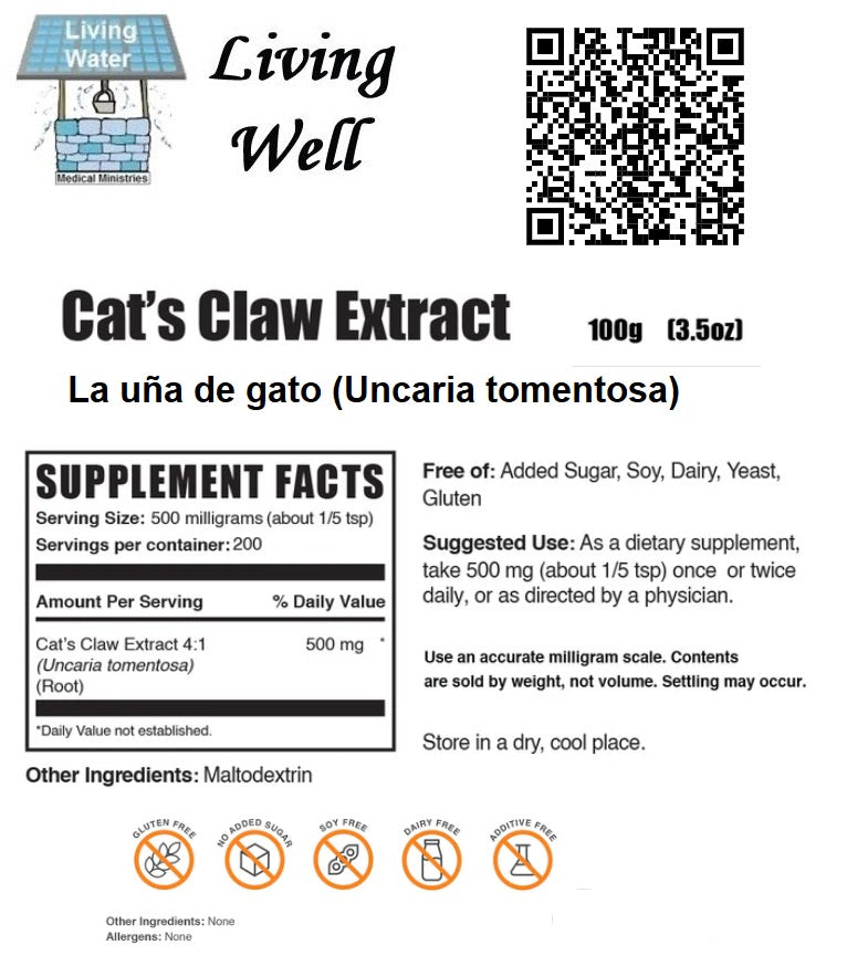 Try Livingwell Cat's Claw Extract. Add our extract to your yogurt. Test tube studies indicate that cat's claw may stimulate the immune system, help relax the smooth muscles (such as the intestines), dilate blood vessels (helping lower blood pressure), and act as a diuretic (helping the body eliminate excess water). Some studies suggest it may work as an anti ageing agent to promote longevity