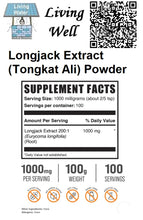 Load image into Gallery viewer, Try Livingwell Longjack Extract (Tongkat Ali) Powder. Studies show that tongkat ali may boost testosterone levels and help treat infertility in men, relieve stress, and possibly increase muscle mass. Tongkat ali is an herbal medicine derived from the Southeast Asian Eurycoma longifolia shrub. It contains several potentially beneficial compounds and is used to treat a variety of ailments, and infections.
